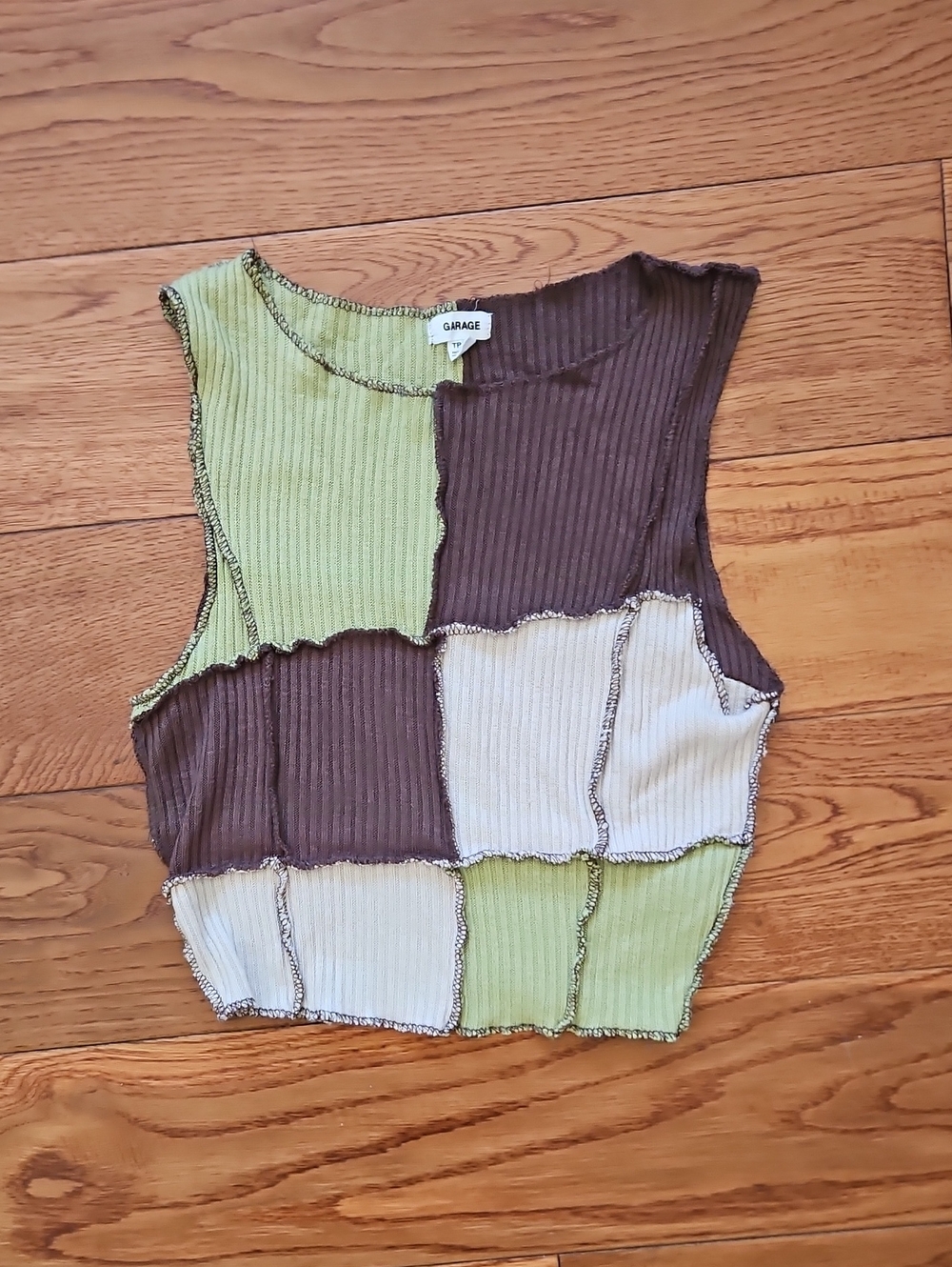 Garage Patchwork Ribbed Crop Tank - Green, Brown, Cream